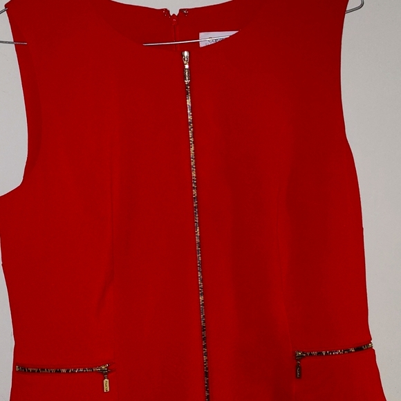 Red Calvin Klein sheath dress. decorative zippers. - Picture 3 of 5